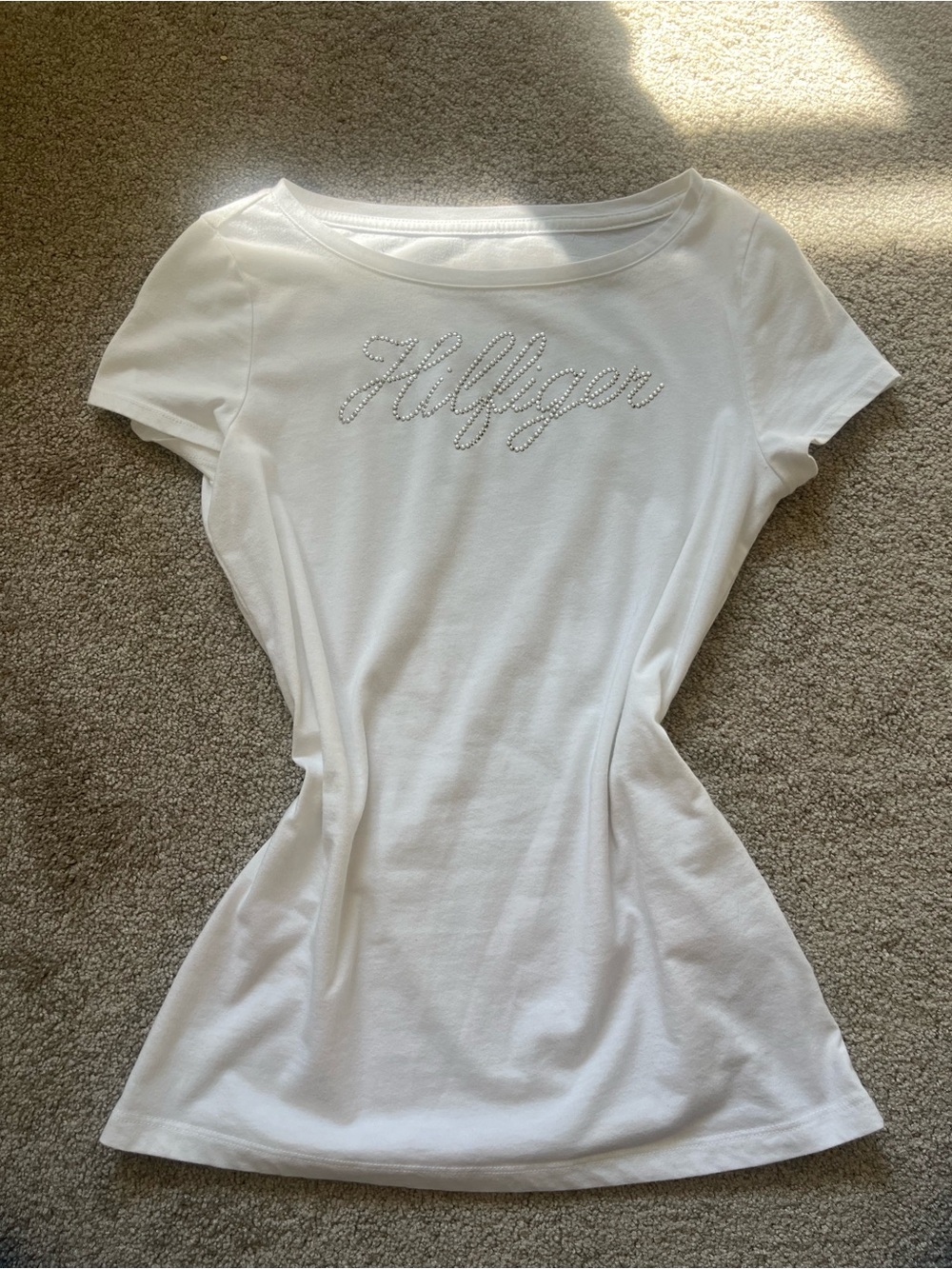 Tommy Hilfiger White Short Sleeve Tee with Crystal Script Logo